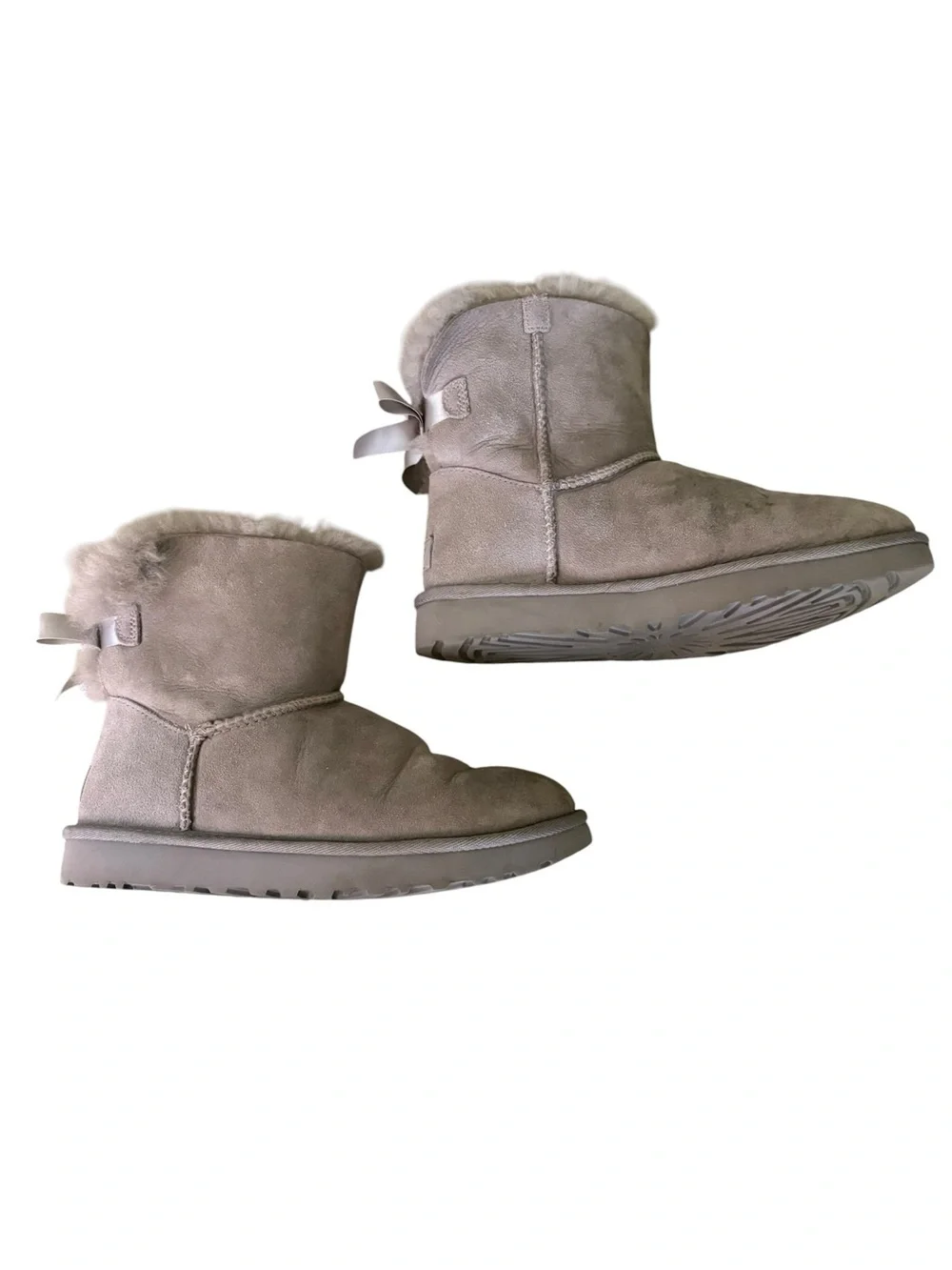 UGG Mini Bailey Light Gray Satin Bow Shearling Boots - 7